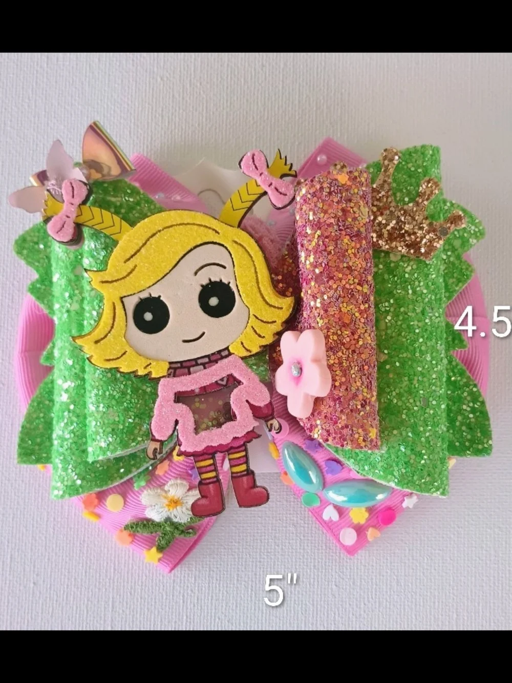 Handmade Sparkly Princess Character Hair Bow in Pink & Green