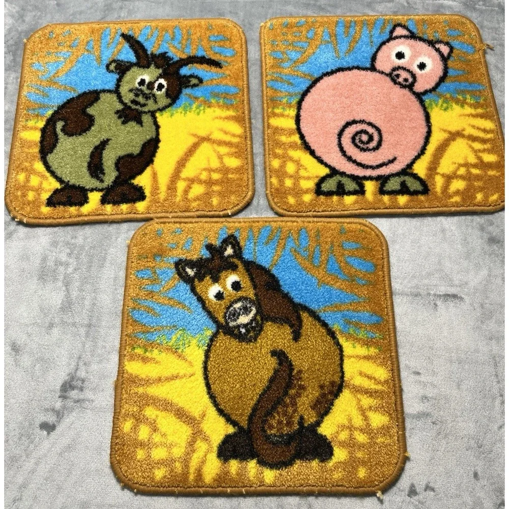 Vintage 70s Latch Hook Farm Animal Rugs Set of 7 Fox Duck Pig Bunny Horse Cow