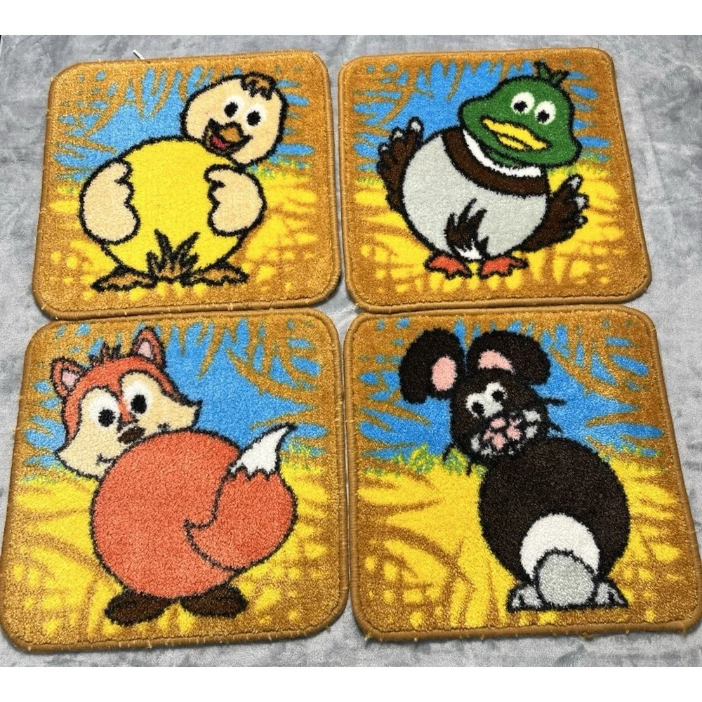 Vintage 70s Latch Hook Farm Animal Rugs Set of 7 Fox Duck Pig Bunny Horse Cow