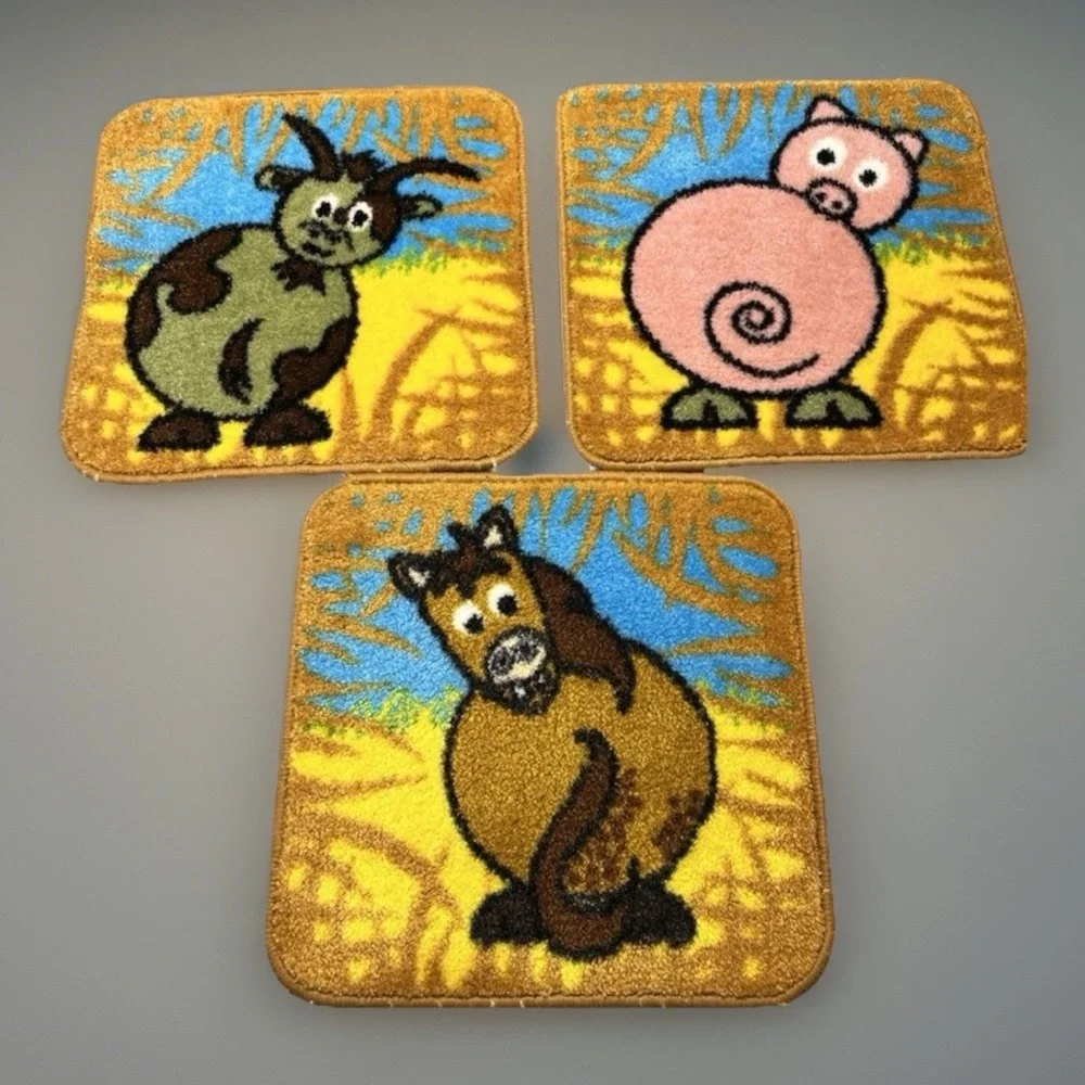 Vintage 70s Latch Hook Farm Animal Rugs Set of 7 Fox Duck Pig Bunny Horse Cow