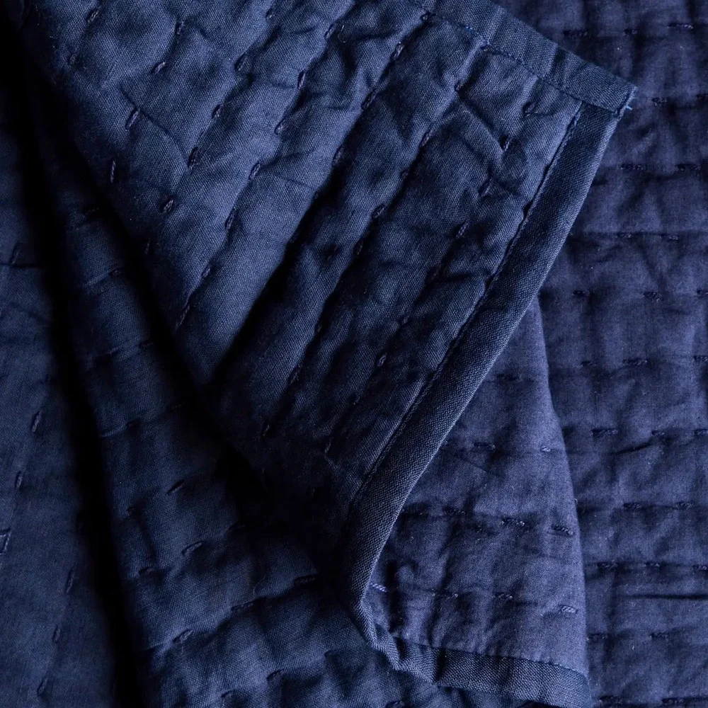 NEW Quince Hand Stitched Linen Cotton Quilt Set Twin Size Navy Blue Bedding 2pc