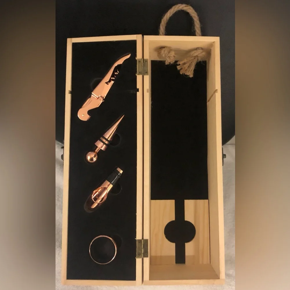 Laura Ashley Copper Wine 4 pc. Accessory Tools in Pine Wood Storage Box NWOT