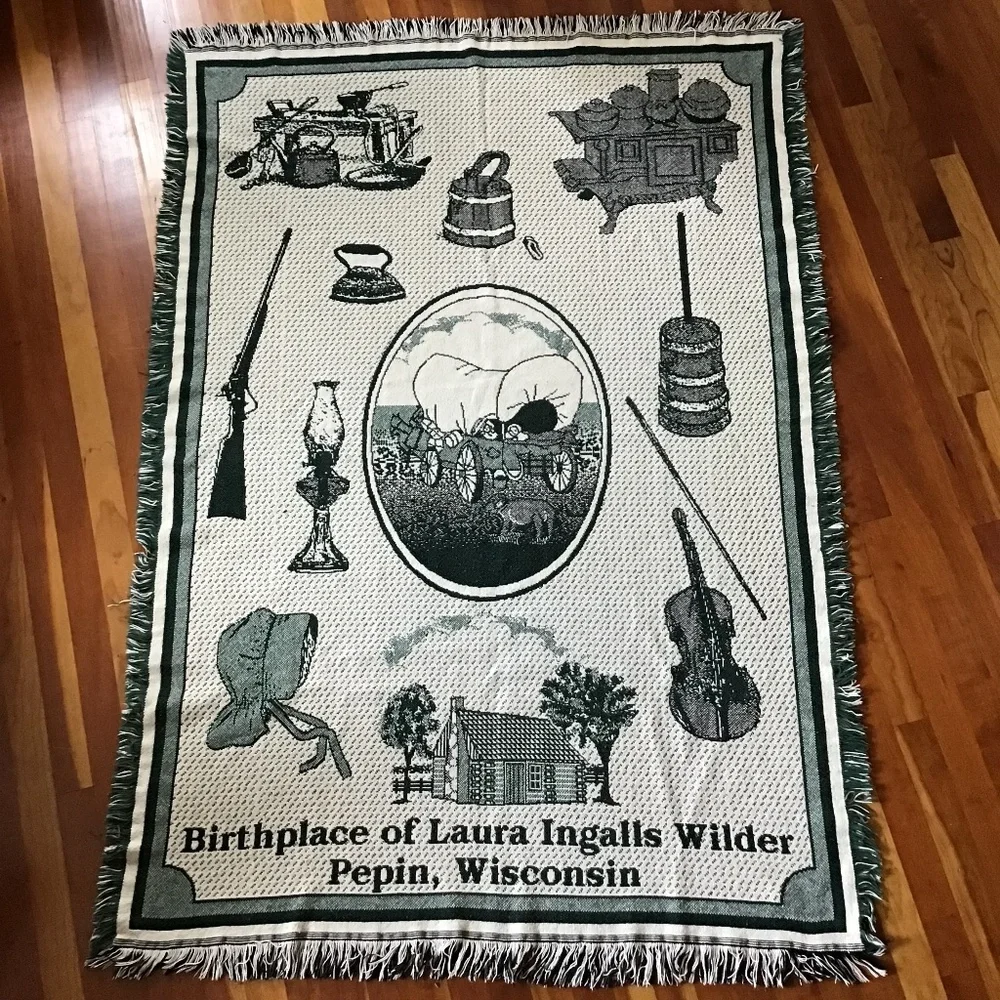 Laura Ingalls Wilder Vintage Throw Birthplace Wisconsin Dark Green Blanket
