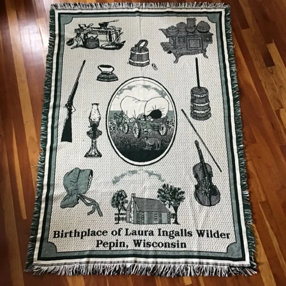 Laura Ingalls Wilder Vintage Throw Birthplace Wisconsin Dark Green Blanket