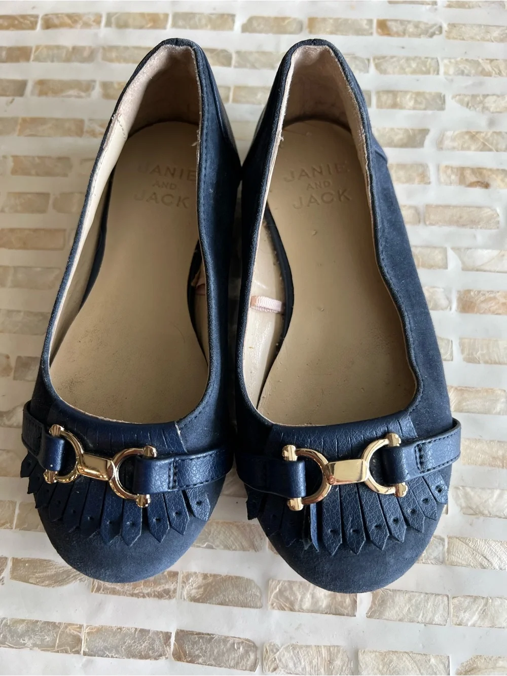 B12 Janie & Jack Blue Suede Fringe Flats Sz 10 Gold Buckle Accent