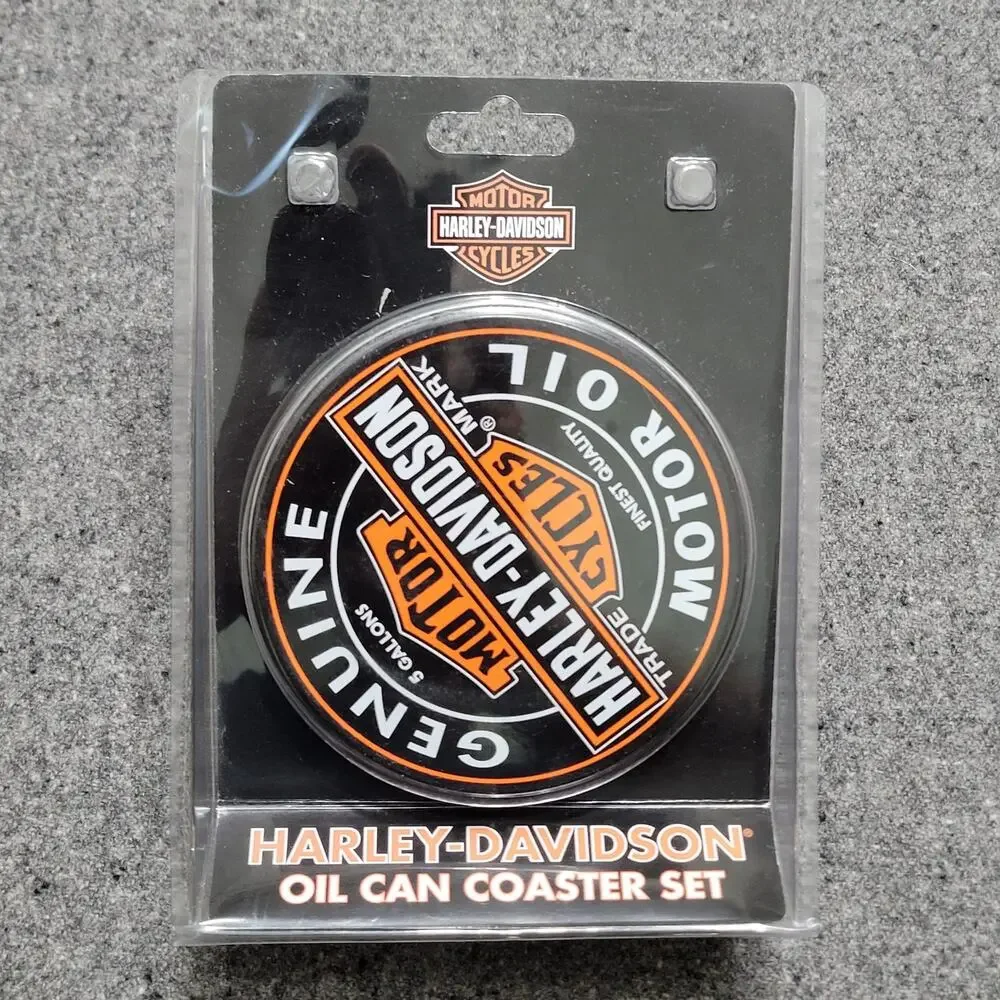 Harley Davidson Oil Can Coaster Set Of 4 Cork Bottom With Storage Tin