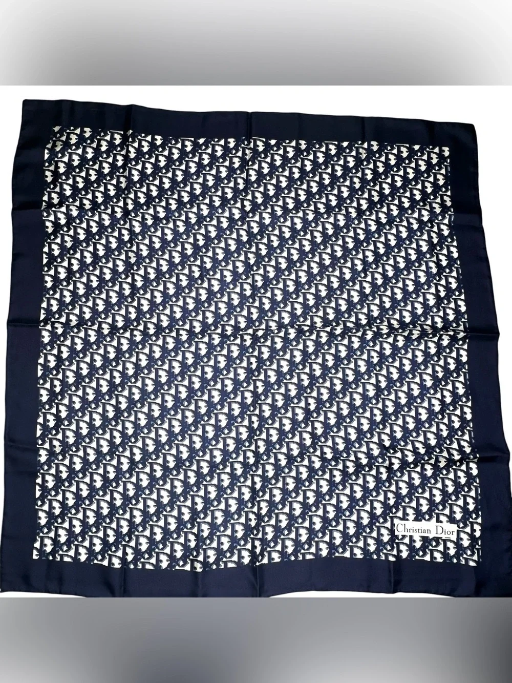 Auth Christian Dior Oblique Trotter Navy Blue Monogram Logo Silk Scarf 34” Large