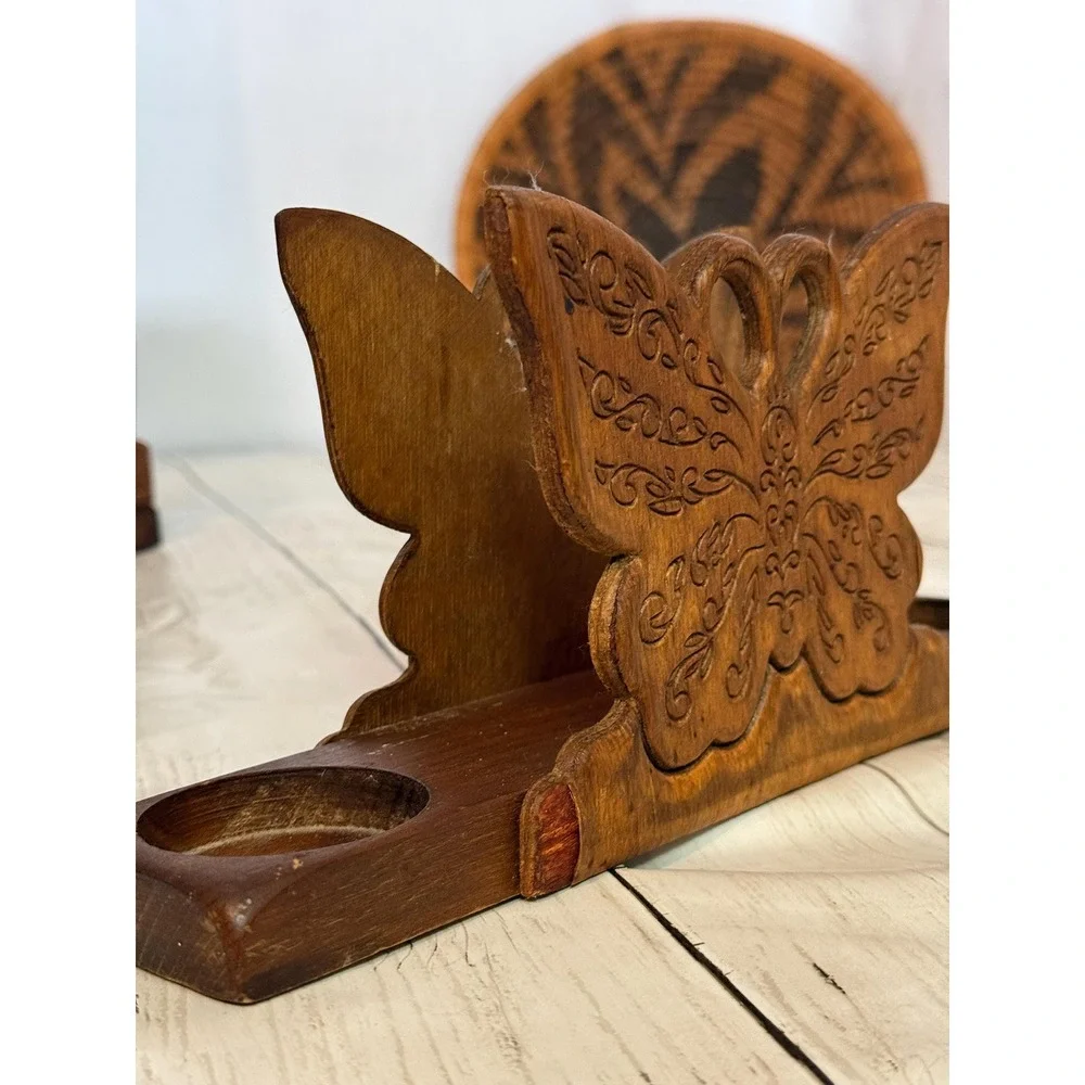 Vintage carved wooden butterfly napkin holder