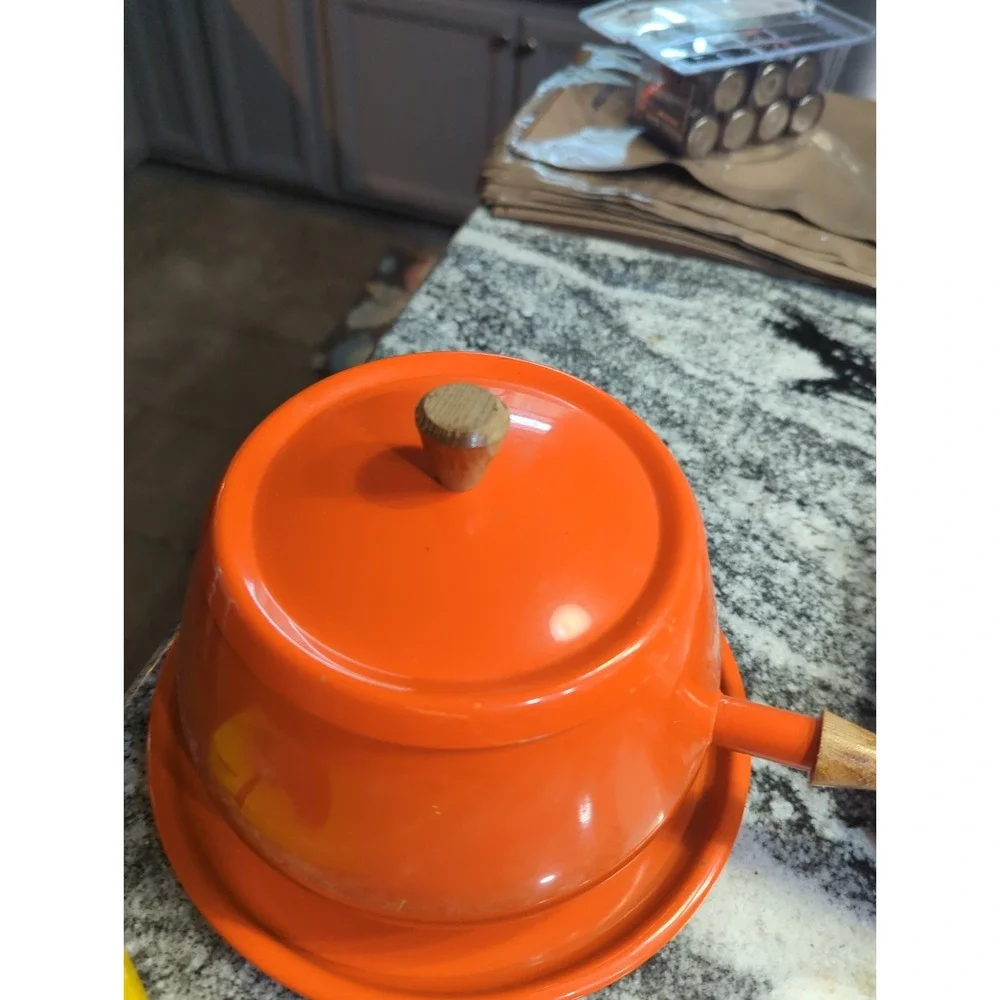 Vintage Mid Century Modern Orange Fondue Pot and 6 Pc Fork Set Kitchen Cookware