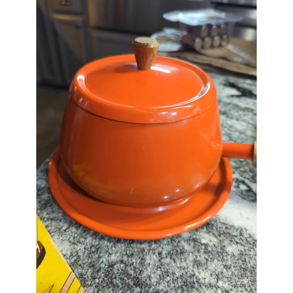 Vintage Mid Century Modern Orange Fondue Pot and 6 Pc Fork Set Kitchen Cookware