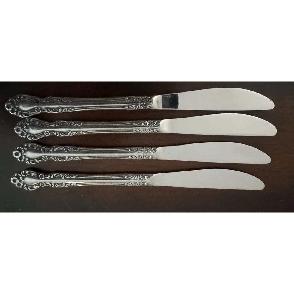 Set of 4 Stainless Steel Dinner Knives, EKCO Eterna made in Japan, floral handle