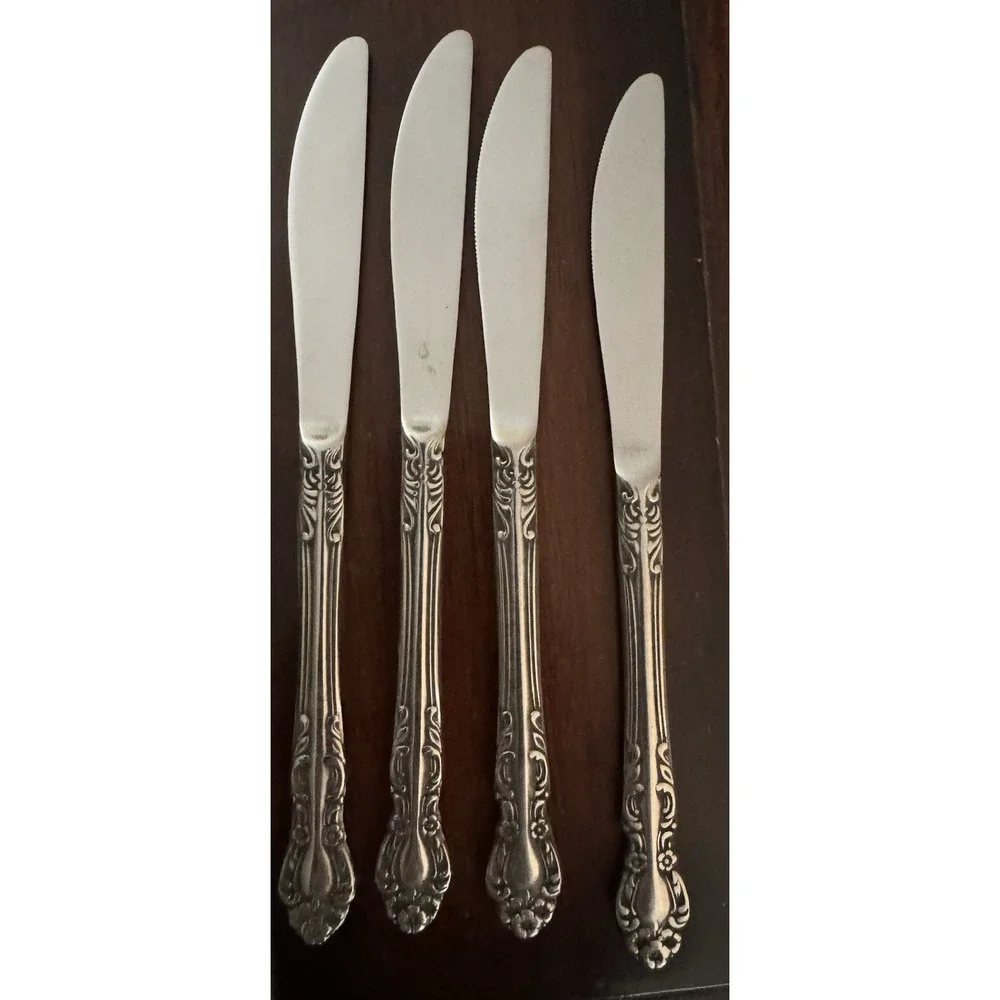 EKCO Eterna Set of 4 Dinner Knives Stainless Steel Floral Handle Silver, Japan