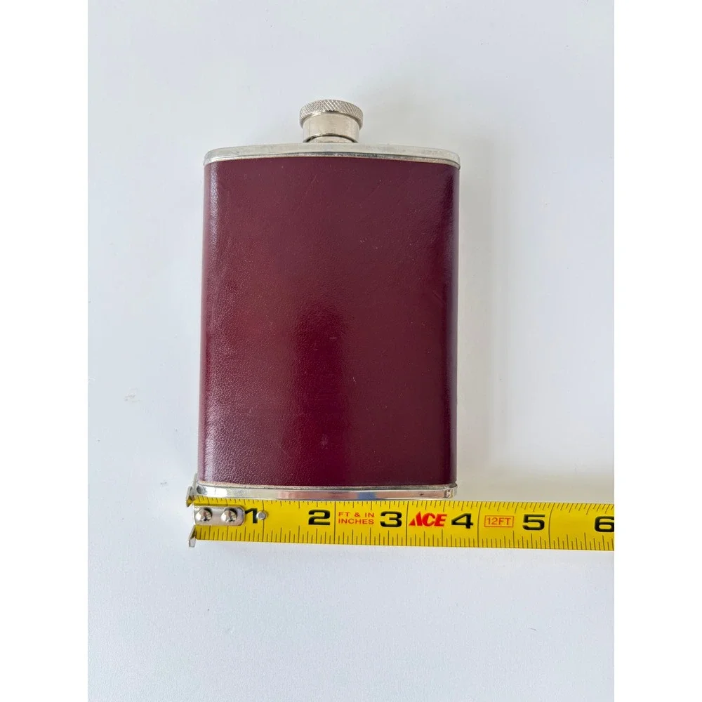 Vintage 6oz Stainless Steel Hip Flask Burgundy Leatherette Wrap Pocket Barware