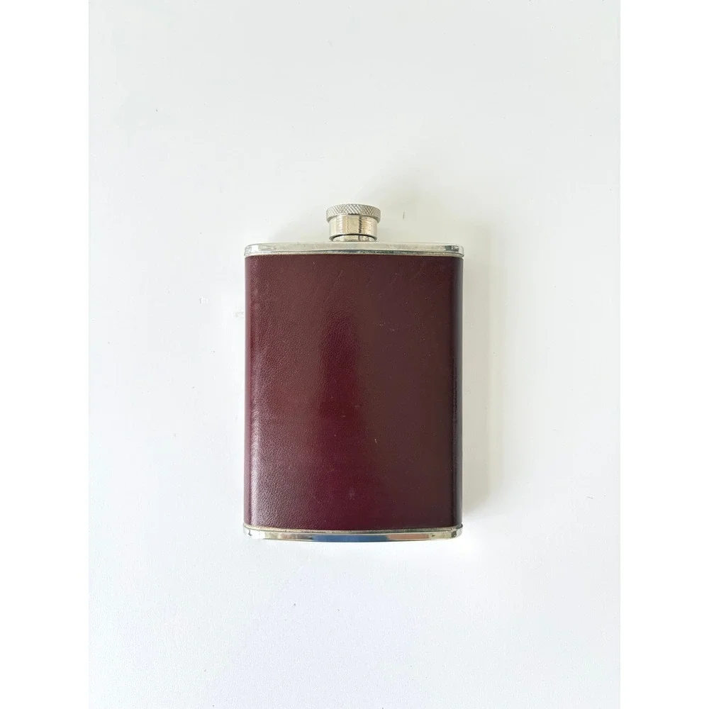 Vintage 6oz Stainless Steel Hip Flask Burgundy Leatherette Wrap Pocket Barware