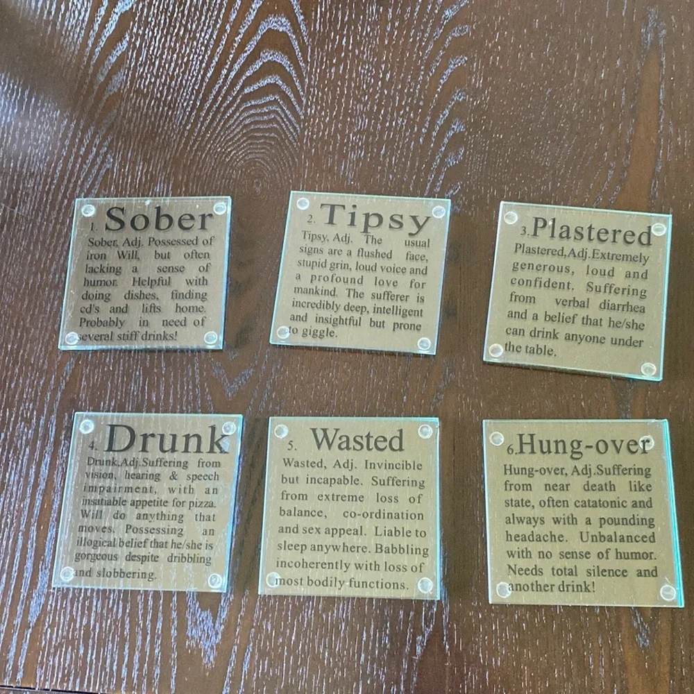 Bar Drink Coasters - Set of 6 - Glass 4” x 4”‎