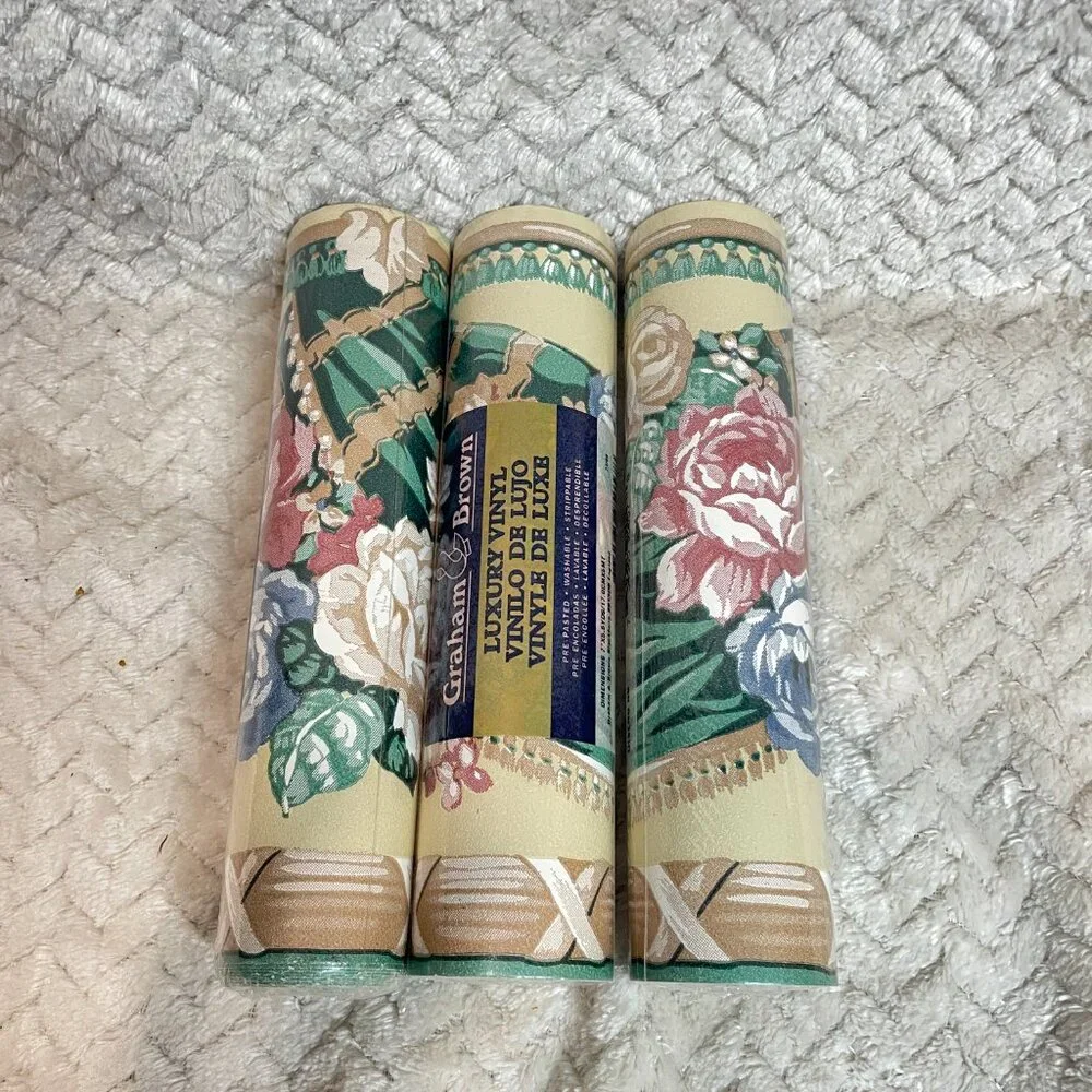 Vintage Graham‎ Brown Luxury Vinyl Wallpaper Border Roses on Tan Tassels 3 Rolls
