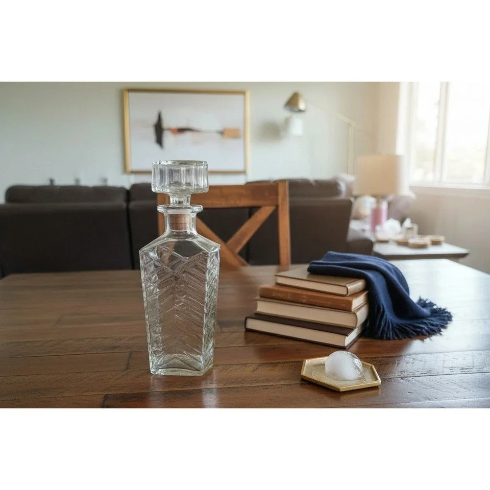 Vintage‎ Textured Chevron Glass Decanter with Faceted Cork Stopper Clear Barware