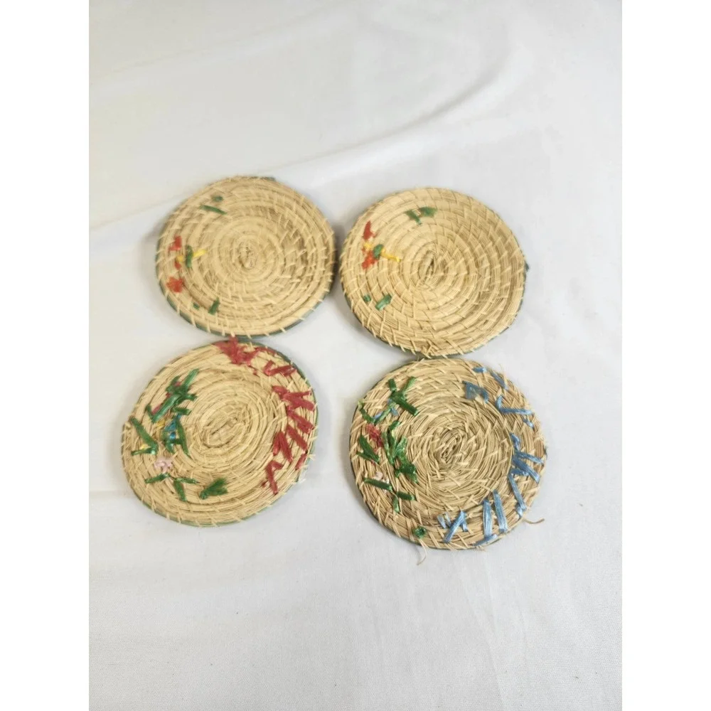 Vintage Woven Raffia Straw Jamaica Coasters Set of 4 Floral Embroidered Boho