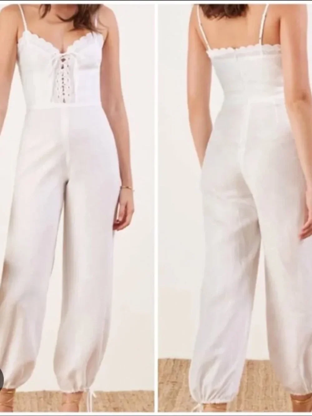Reformation Rose Jumpsuit 100% Linen Lightweight Lace Tie Front V Neck White 10