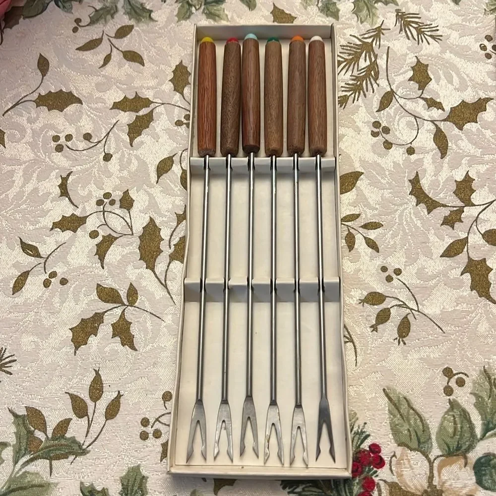 Stainless steel Fondue Forks 2 Prong Wood Handles with colored tip Mid Century