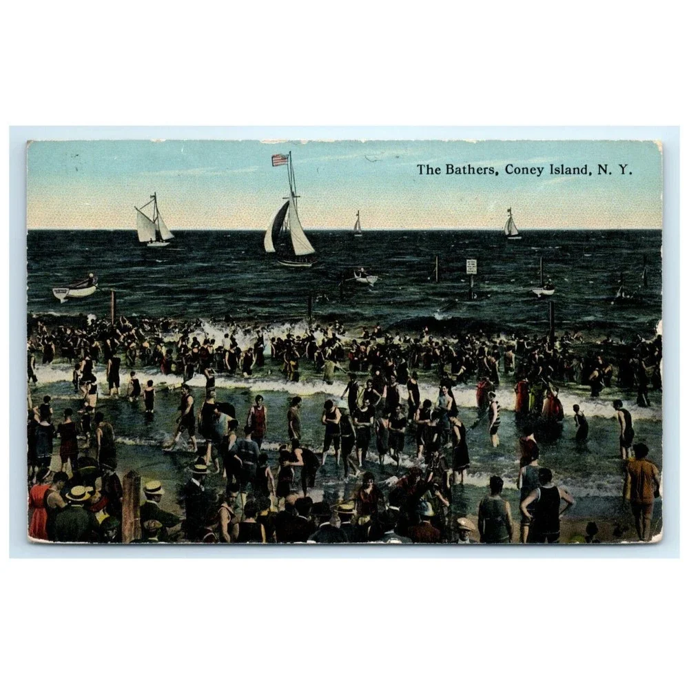 Vintage Postcard Coney Island New York City The Bathers Beach Sail Boat Posted‎