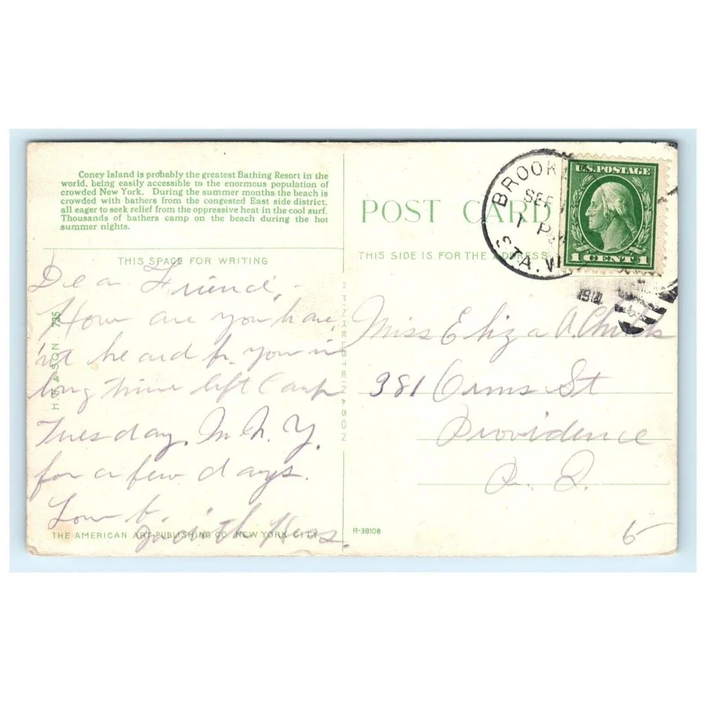 Vintage Postcard Coney Island New York City The Bathers Beach Sail Boat Posted‎