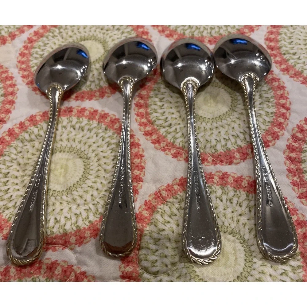 Oneida Golden Belmont Stainless‎ Rope Edge Gold Teaspoon Spoons Set Of 4 VTG
