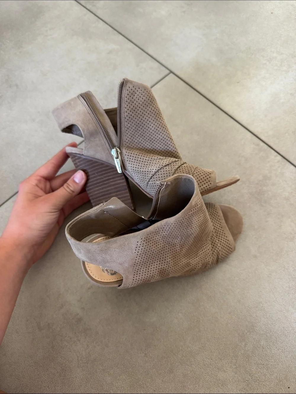 Vince Camuto Taupe Perforated Peep-Toe Block Heel Sandals