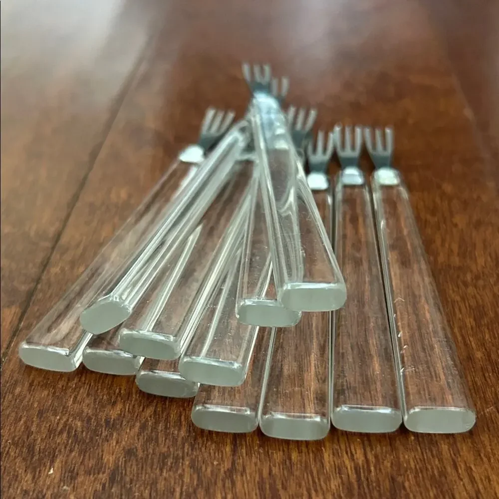 Vintage Set of 12 Clear Hors D’oeuvres Forks, Mid Century Modern Lucite Style