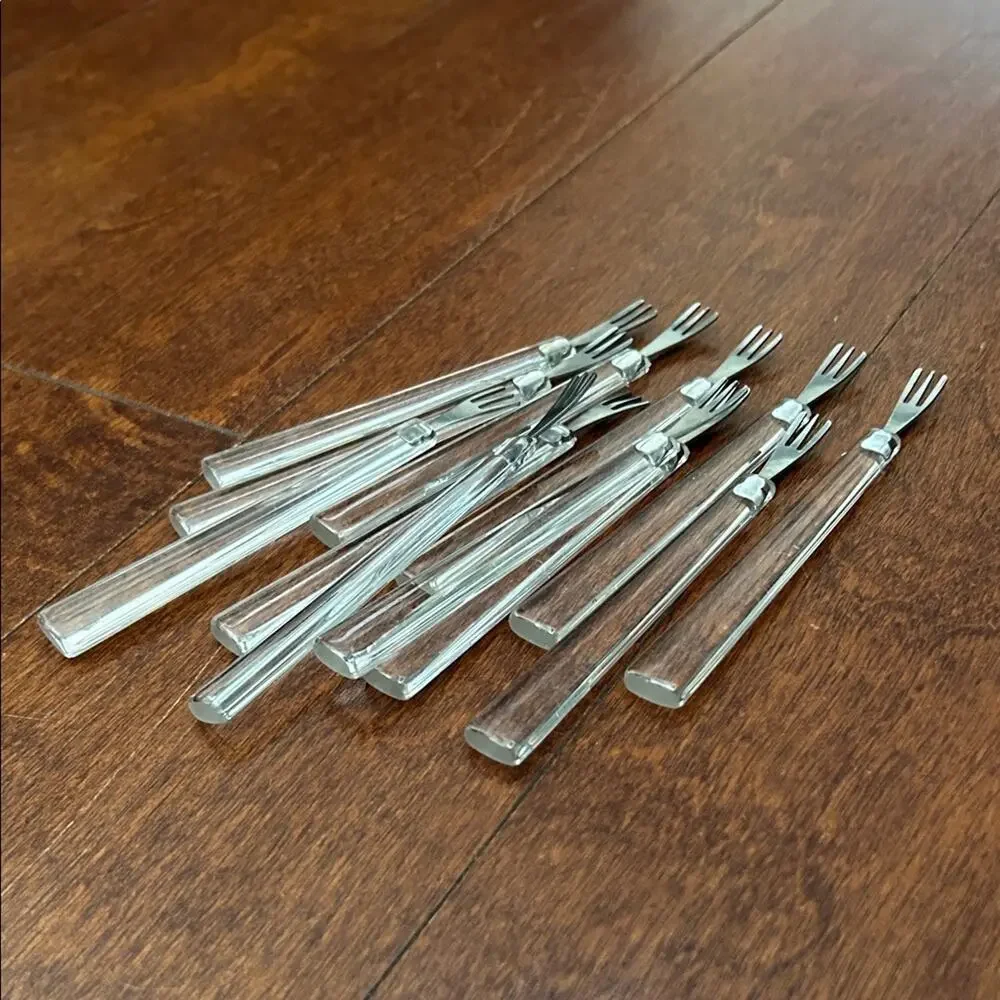 Vintage Set of 12 Clear Hors D’oeuvres Forks, Mid Century Modern Lucite Style