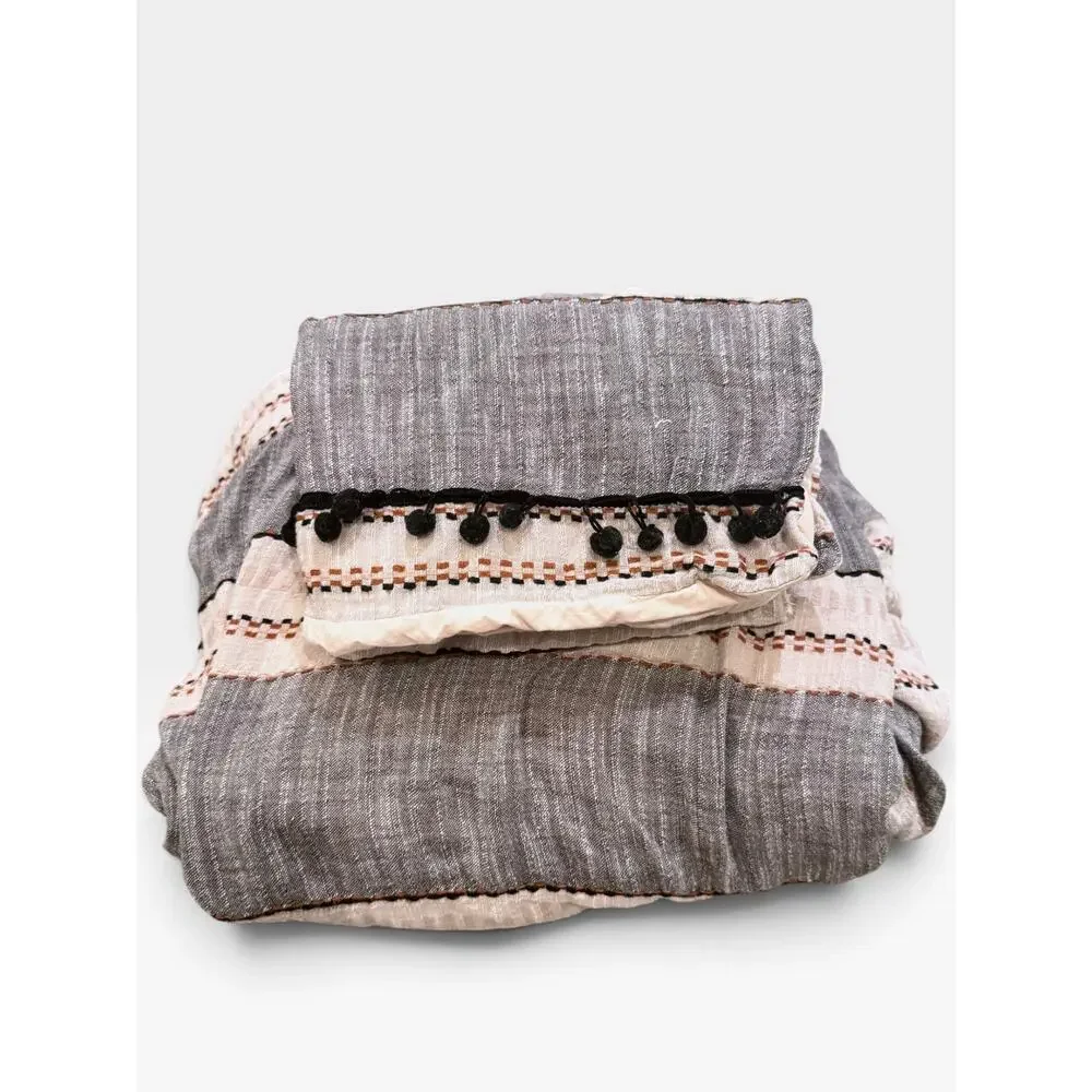 URBAN OUTFITTERS Betty Yarn-Dye Striped Pom Pom Duvet Cover Set Full EUC