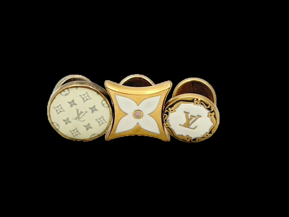 6889 -Louis Vuitton Bouton de Manchette Cufflinks 3-Piece Monogram & Enamel Gold