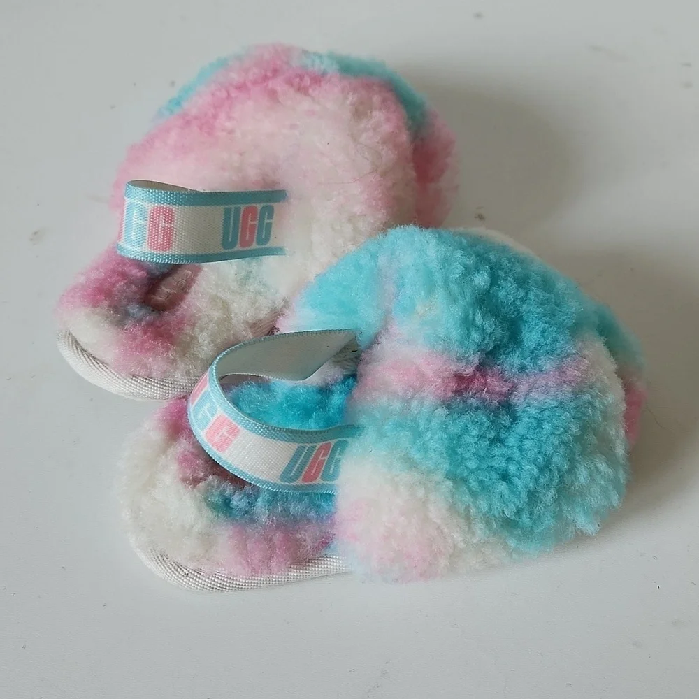 UGG | Slipper Cotton Candy Kids Fluff Yeah Fur Pink Blue baby Sz 8
