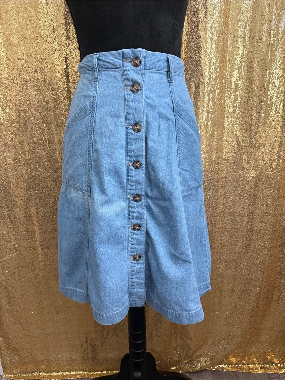 Light Blue Denim A-Line Button-Front Skirt