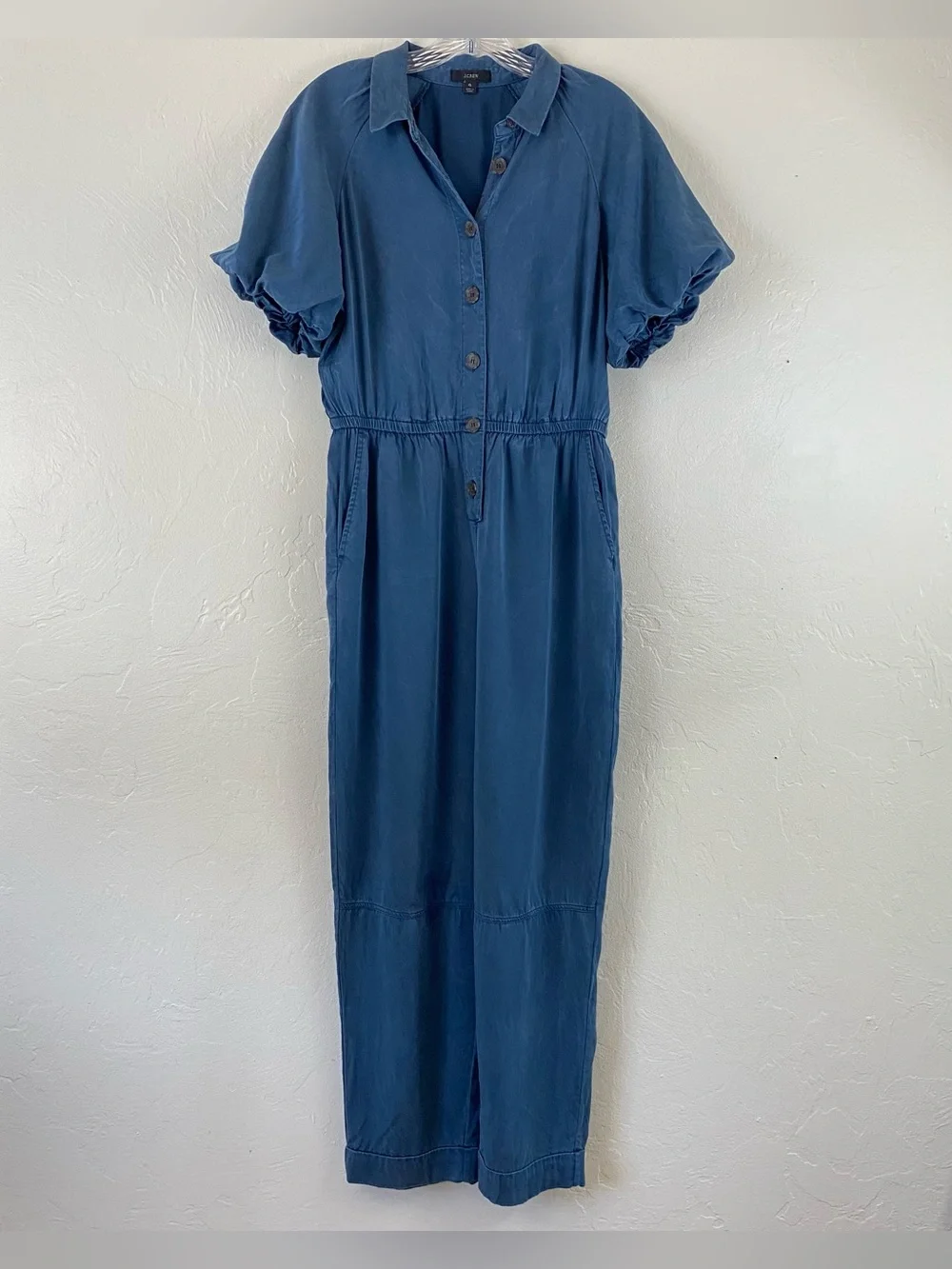 J. Crew 6 Navy Blue Button Down Puffy Short Sleeve Straight Leg Full Jumpsuit