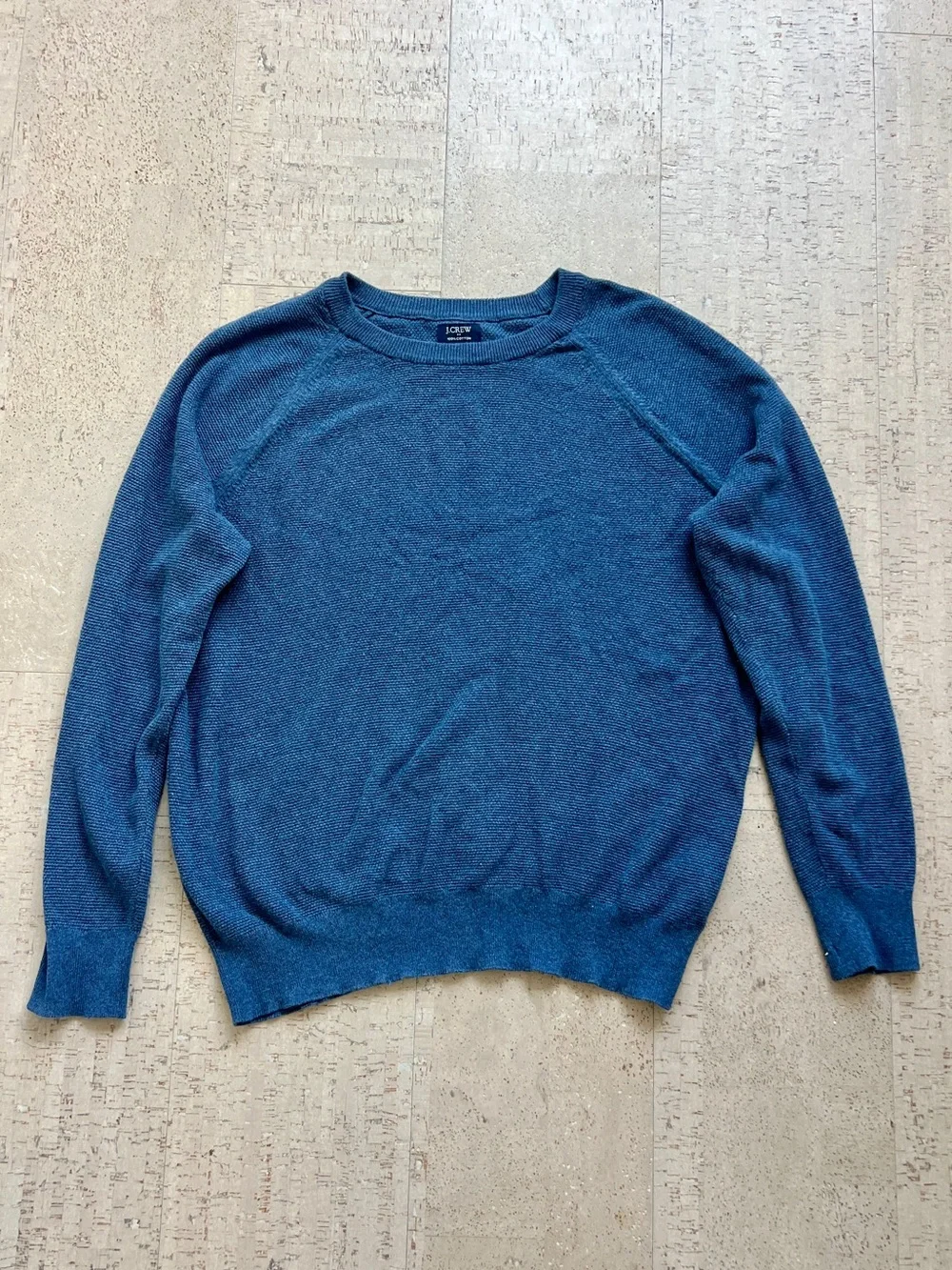 J.Crew Mens Medium Blue 100% Cotton Crewneck Sweater Textured Knit Raglan
