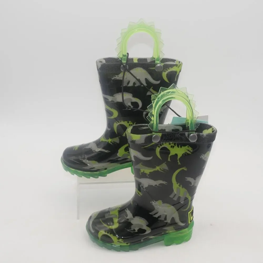 NEW Western Chief Dinosaur Light Up Rain Boots Green Pull Up Toddler Boys 5