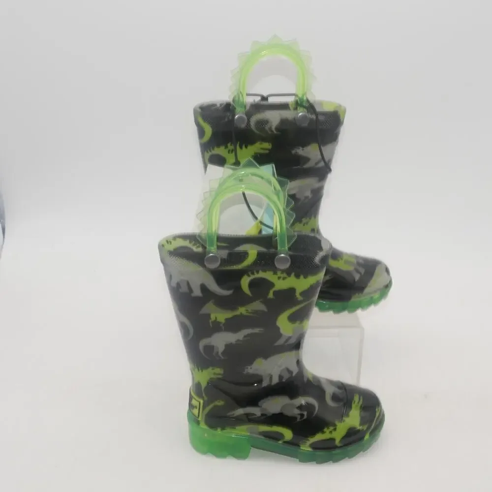 NEW Western Chief Dinosaur Light Up Rain Boots Green Pull Up Toddler Boys 5