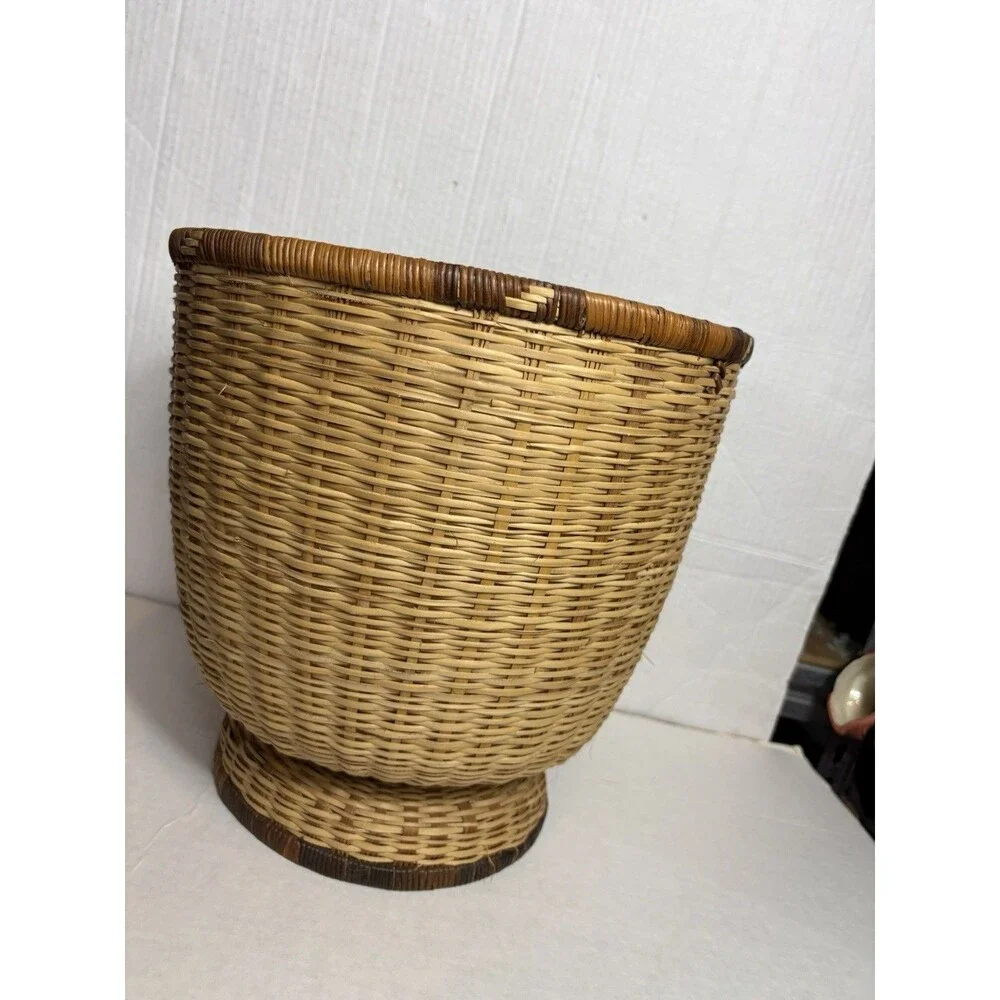 Vintage Pedestal Wicker Basket Planter Waste Basket Boho Rattan 11” Round