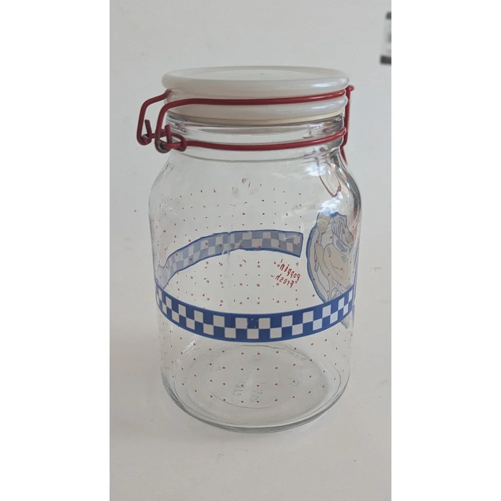 Vintage Pillsbury Doughboy Glass Canister Red Bail Poppin Fresh Polka Dot Jar