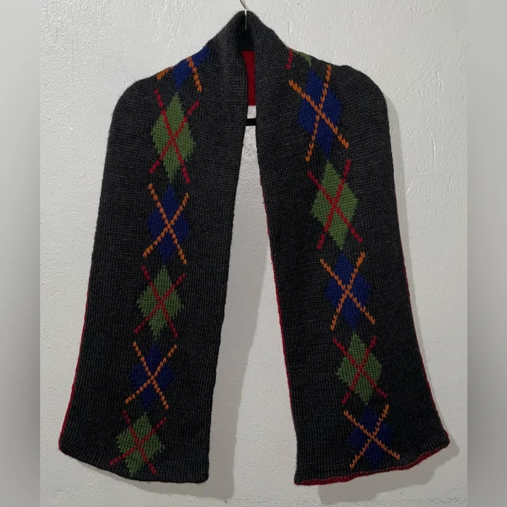 Vintage J.Crew 100% Wool Argyle Scarf Reversible Multi Preppy Academia Unisex