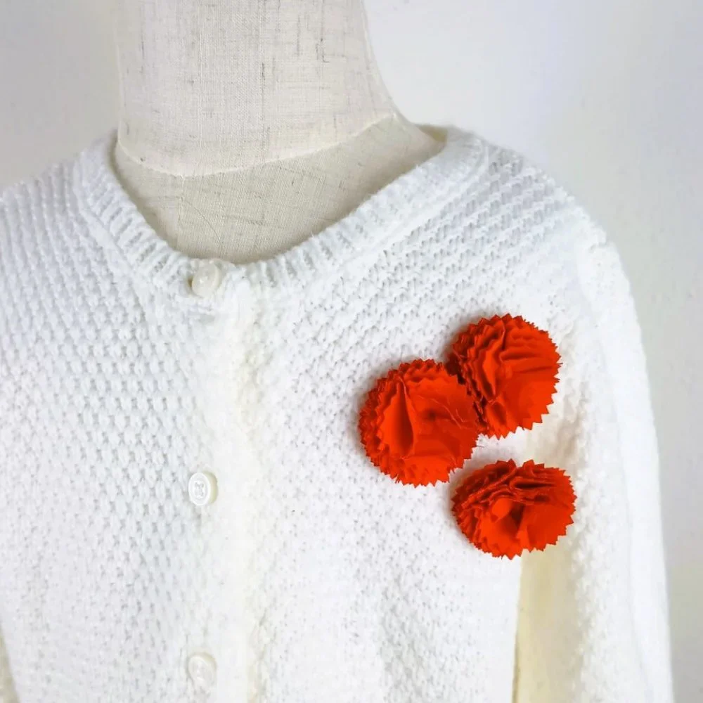 Girl's White Button Up Sweater 4 Waffle Knit Pattern.Orange Pom Pom Flowers