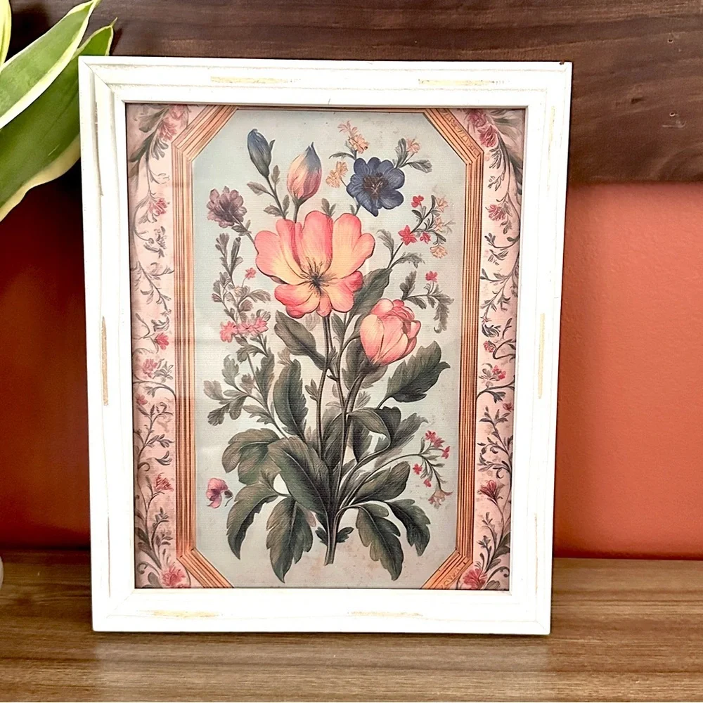 Vintage Style Floral Print White Framed Art Canvas Flower Art Print Wall Hanging