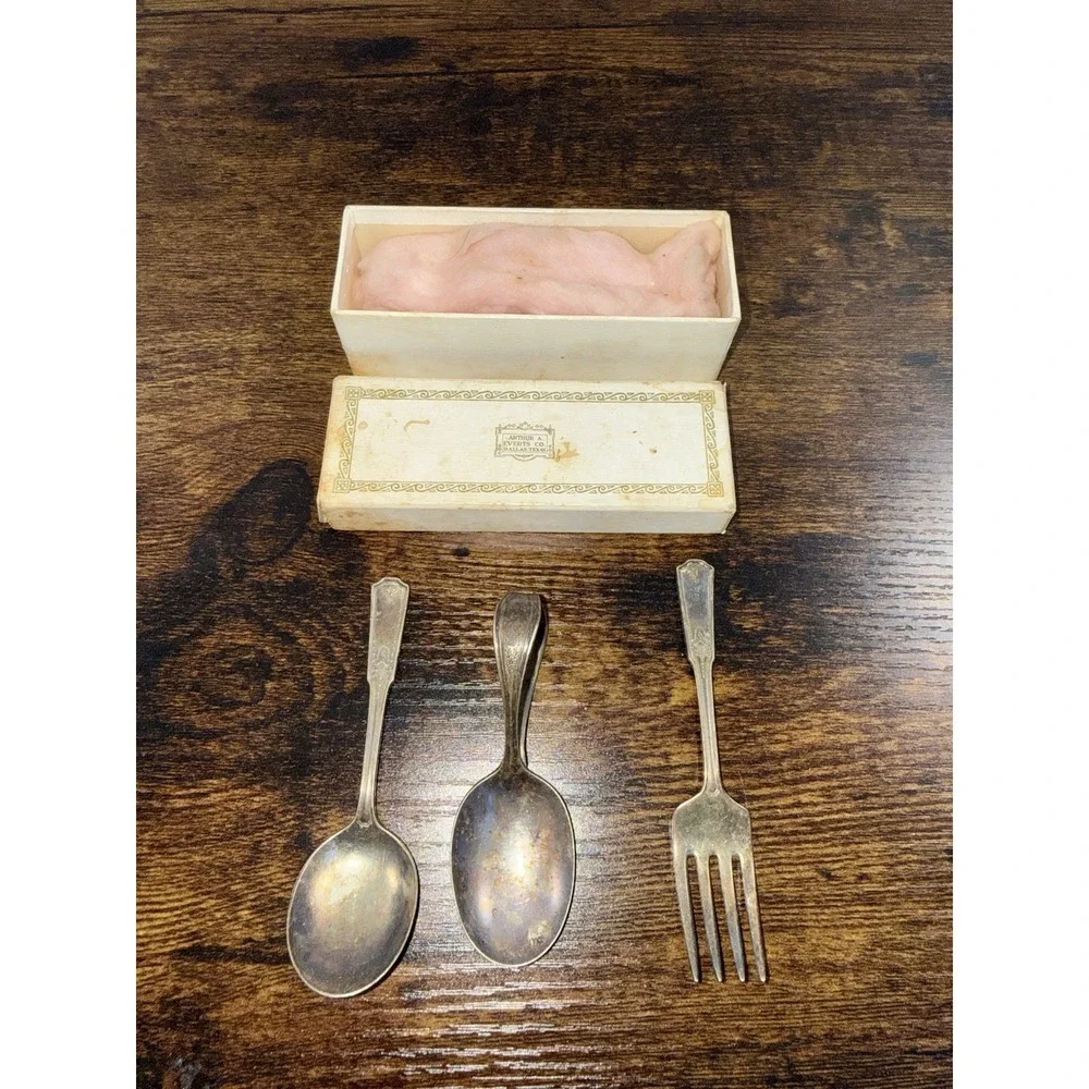 Vintage Arthur A Everts Co Dallas TX Child Silverplate Spoon Fork Baby Set W Box