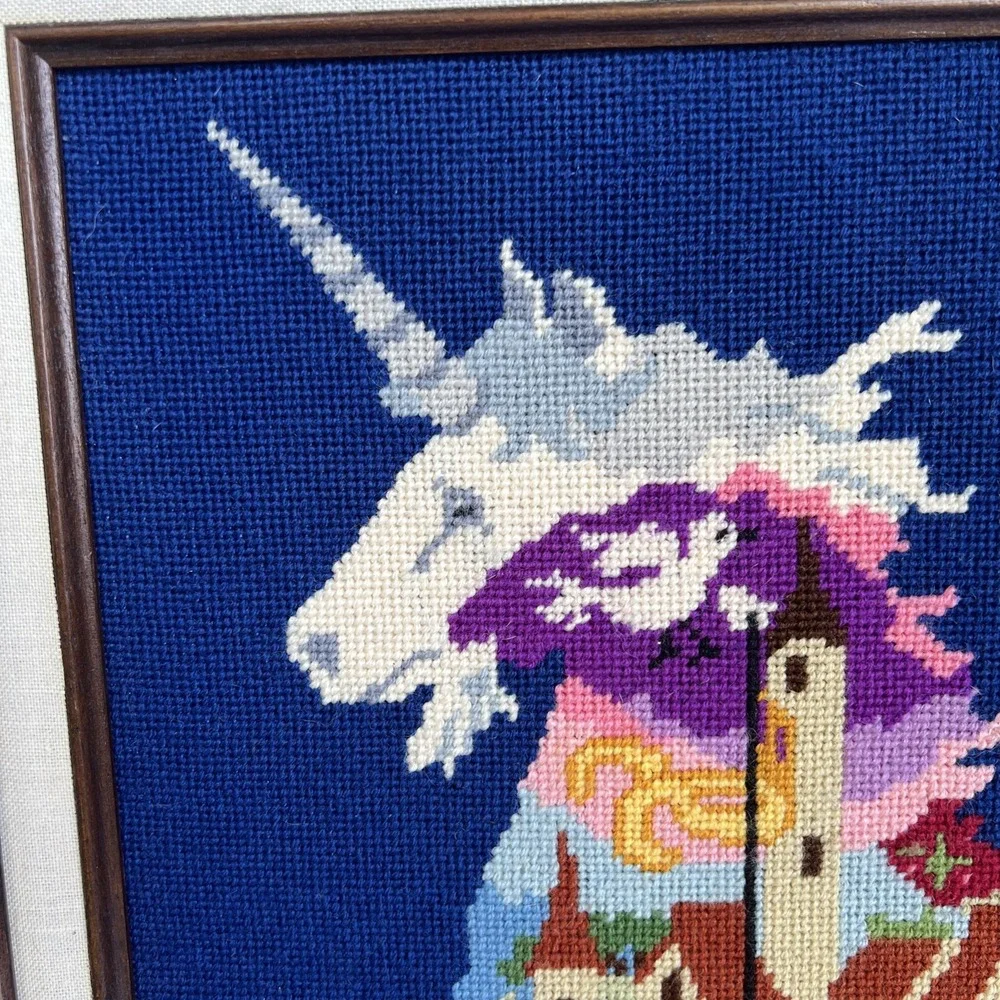 VTG 1970s Unicorn Fantasy Needlepoint Framed Art 18x20 Handmade Wall Decor EUC