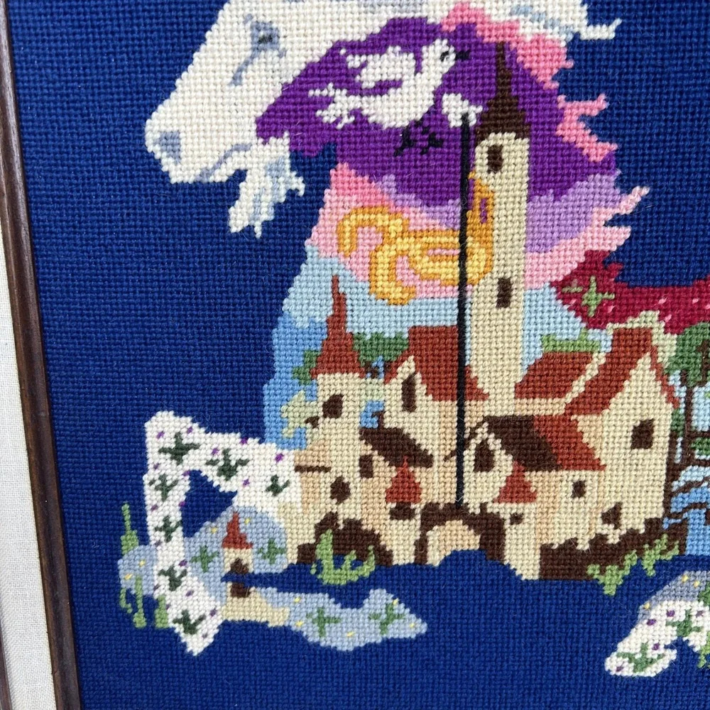 VTG 1970s Unicorn Fantasy Needlepoint Framed Art 18x20 Handmade Wall Decor EUC