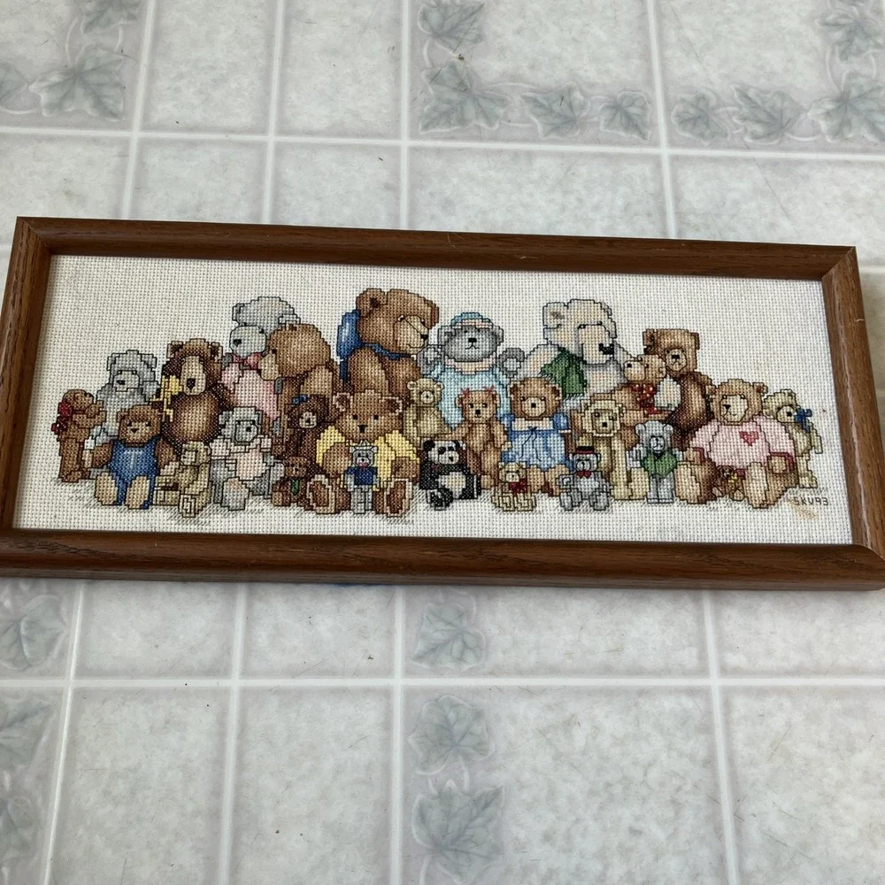 Teddy Bears Gathering‎ Counted Cross Stitch Picture Framed 3D Bear 16.75 X 7