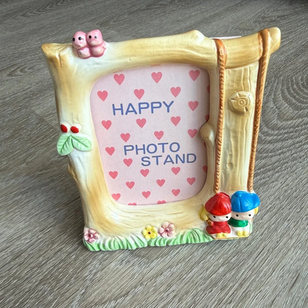 Vintage Ceramic Woodland Tree Trunk Photo Frame Children on Swing Pink Birds