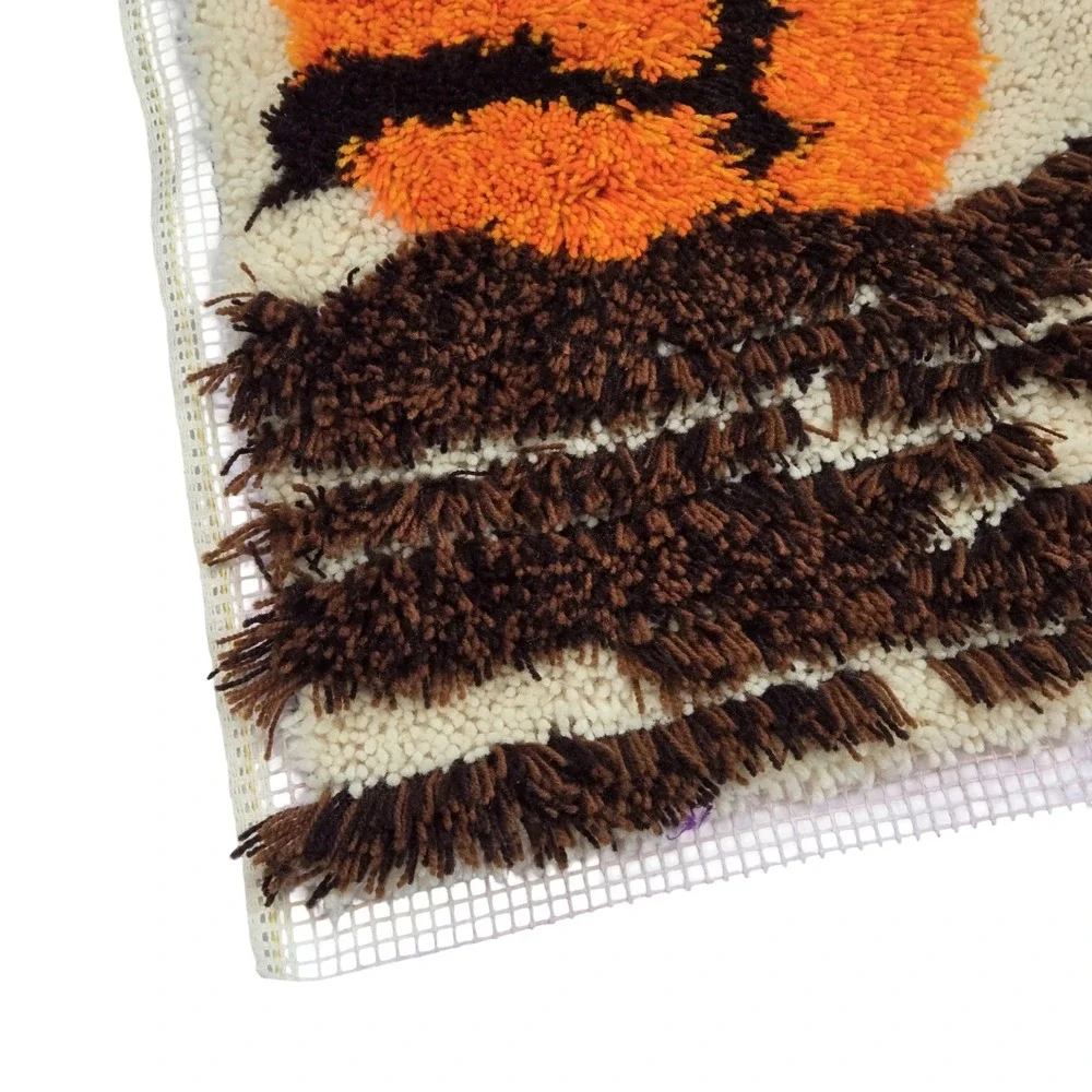 VTG 70s MCM Latch Hook Rug Wall Hanging Sunset Bird Retro Decor Orange Brown