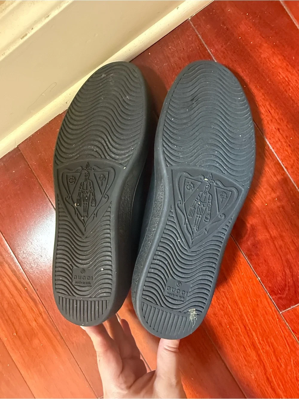 Gucci Black Leather Sneakers with White GG Logo and Green Heel